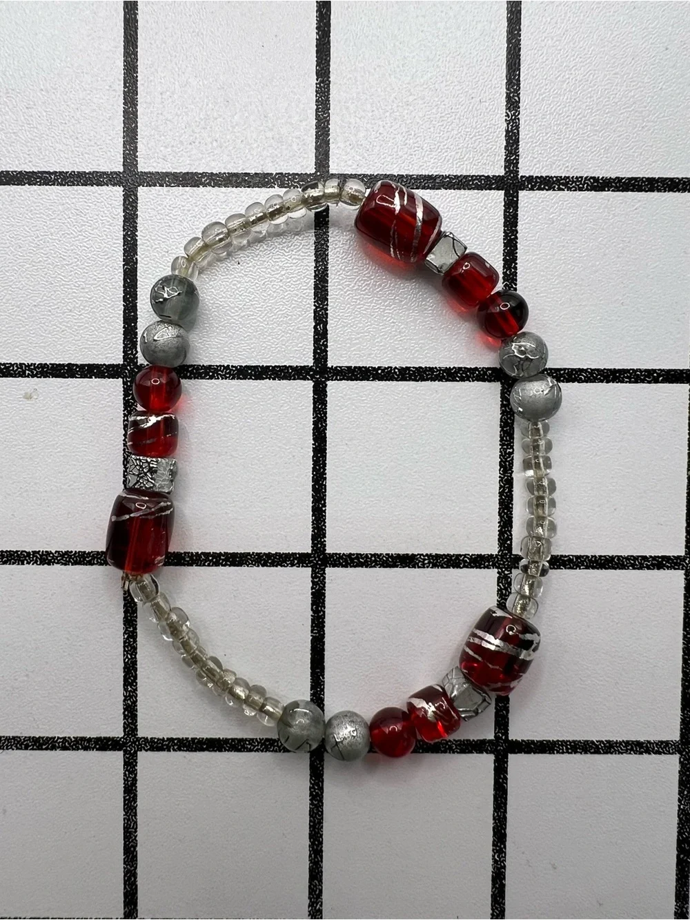 Handmade Red & Silver Glass Beaded Elastic Statement Bracelet